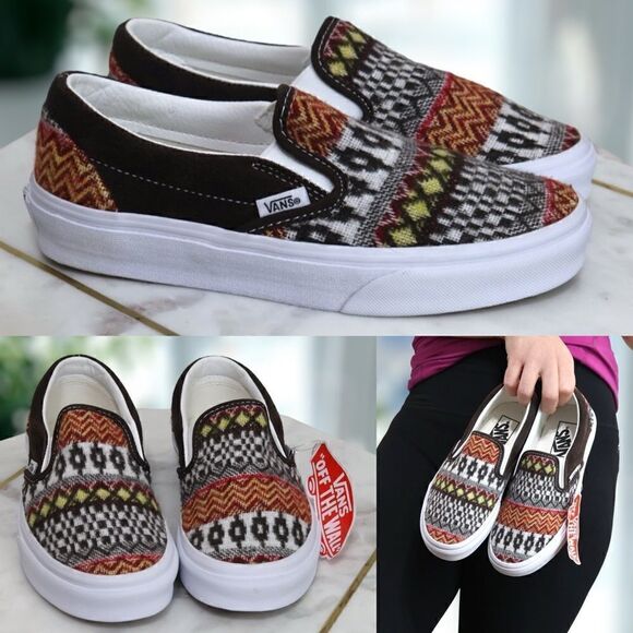 VANS CLASSIC SLIP ON Fair Isle Brown Multi Sneakers Shoes Size 4 Men 5.5 Women - Picture 1 of 11